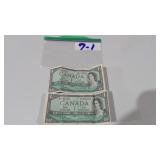 2) One Dollar Canada Bills 1954