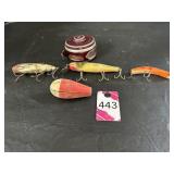 Antique Wooden Fish Lures & Vtg Reel with Heavy...