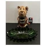 Green Glass Dish & Retirement Fuynbd Figurine