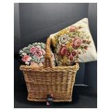 Two Crossed- Stitched Floral Pillows & Basket