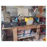 Wood Work Table With Batteries, Screws, Hand Tools & Contents On Table