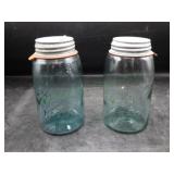 2 Ball Mason Jars 1910-1923 Blue/ Green Zinc Lids