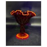 Fenton Red Thumbprint Glass Compote/Cadmium Rim