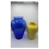 Vintage Hand Blown Blue & Ceramic Yellow Vases