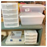 small plastic storage on 2 shelves