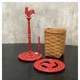 LONGABERGER BASKET, ROOSTER PAPER TOWL HOLDER,