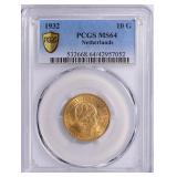 Netherlands 1932 Gold 10 Gulden PCGS MS-64