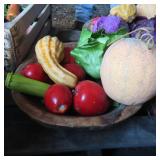 Wooden Dough Bowl with Vegetables and Fruit