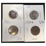 Four (4) "V" Nickels incl. 1904,1906,1901,1891