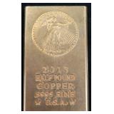 Half LB .9995 Fine Copper Bullion Bar, St. Gaudens