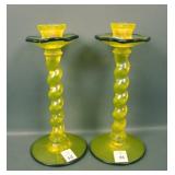 Two US Glass Topaz Twist Bobeche Candlesticks