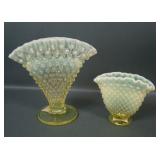 Two Fenton Vaseline Opal Hobnail Fan Vases