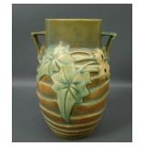 Roseville Green/ Brown Luffa Handled Vase