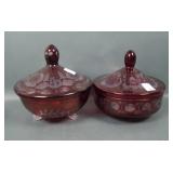 Two Bohemian Ruby Stain Covered Candy Dishes