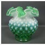 Vintage Fenton Green Opal Hobnail Ruffled Vase