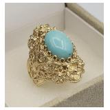 Turkey Filligree Gold Plate Turquoise Ring Sz 8