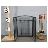 Brass Fireplace Set & Iron Folding Ember Screen