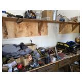 LOT - CONTENTS ON WORKBENCH AND WALL SHELF