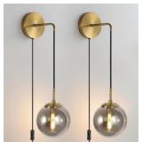 PLUG IN WALL SCONCES SET OF 2, GOLD GLOBE 5.9IN