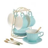 DUJUST TEA CUPS AND SAUCERS SET OF 4 (8 OZ), N