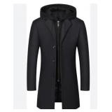 Mens Wool Trench Coat With Removable Hoodie Knee