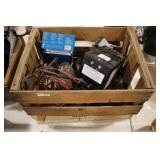 CRATE OF GLASS INSULATOR, GPS UNIT, WOOD PULLEY,