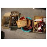 5 BOXES OF CANNING JARS, BASKETS, CHRISTMAS DECOR