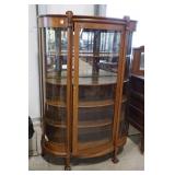 OAK BOW FRONT ANTIQUE CHINA CABINET WITH CLAW FEET
