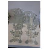 4 GLASS CANDLE HOLDER, VASE & 3 PITHERS
