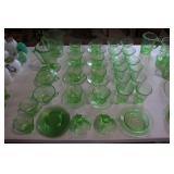 GROUP OF GREEN DEPRESSION GLASS, PITHERS, CUPS &