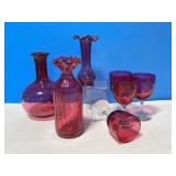 7 Cranberry Glass Items - Vases, Stemware (clear