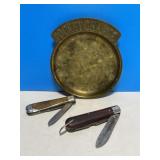 Brass " Pocket Change " Dish and 2 Pocket Knives