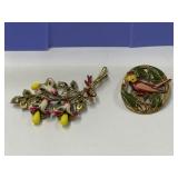 2 Goldtone Metal & Enameled Brooches