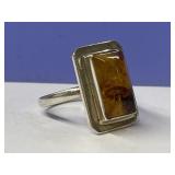 Amber & Sterling Ring Size 6 3/4 - unmarked,