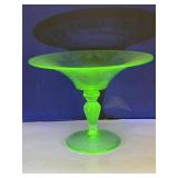 Uranium Glass Etched Pedestal Dish