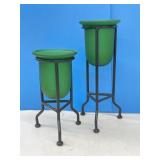 Pair Of Green Frosted Glass Candleholders