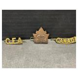 3 Canada WWI Hat Badges and Clips - Crowned Maple