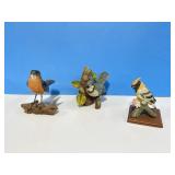 3 Bird Figurines - Robin is Wood, Blue Jay &