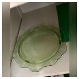 Green depression cake plate, pedestal dishes