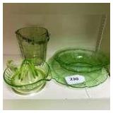 Green depression glass, juicer, etched ice bucket