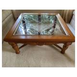 42” square wood framed table with glass inserts
