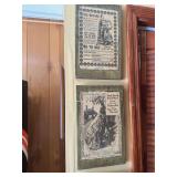 4 wall hangings and framed advertisement