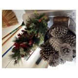 Pine cones, metal tub w/ decorative pine cones, mini Christmas trees