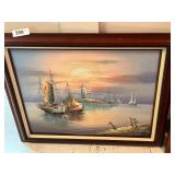 Anchored ships & lighthouse on canvas