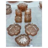 Pink depression glass dishes and ashtrays