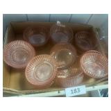 Large lot of pink depression glass ribbed berry dishes, 2 vases