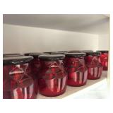 Red glass tumblers, wooden rack, heart shaped wall hanging with hooks