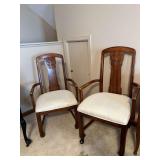 3 Asian inspired wood frame dining chairs w/ upholstered seats (1 chair on casters)