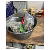 Galvanized pail w/ water quick connect & other fiitings, pvc cutters