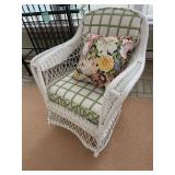 White wicker rocker with cushion, white wicker side chair with cushion